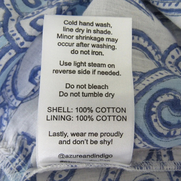 Azure Indigo Blue White Dress Small Blockprint Short Sleeves Tassel Sides Boho - Picture 10 of 11